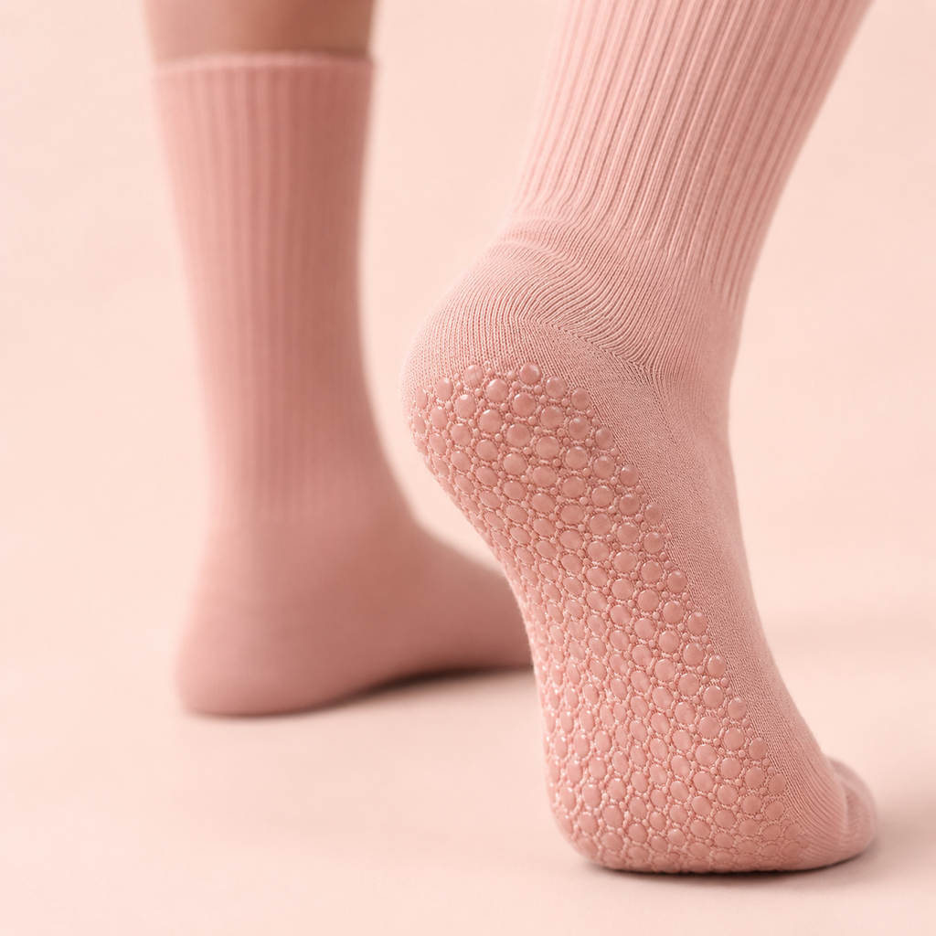 Détail semelle à picots et talon des chaussettes Pilates montantes Lihyl
