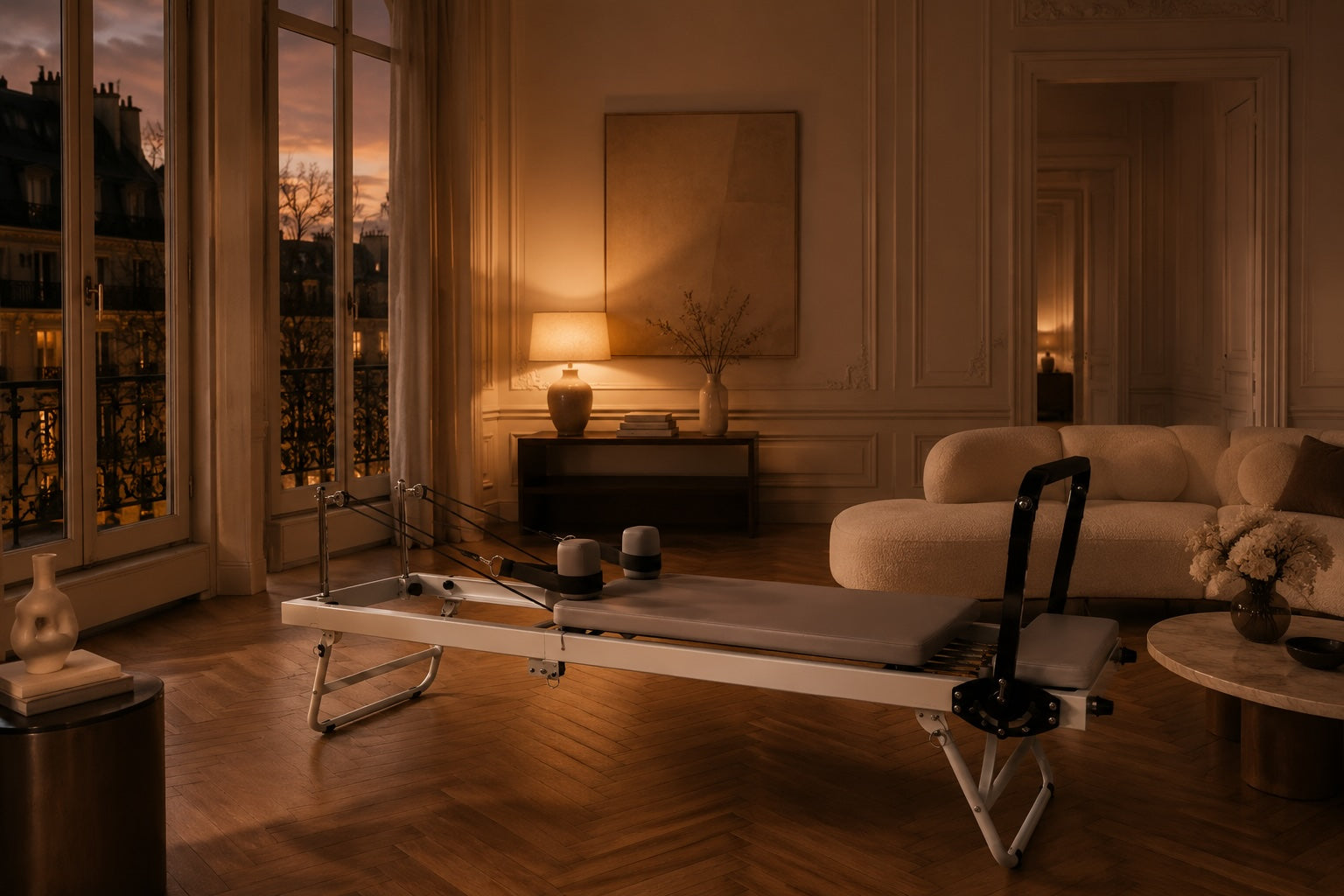 Reformer pilates pliable Lihyl dans un salon haussmannien au crépuscule Image