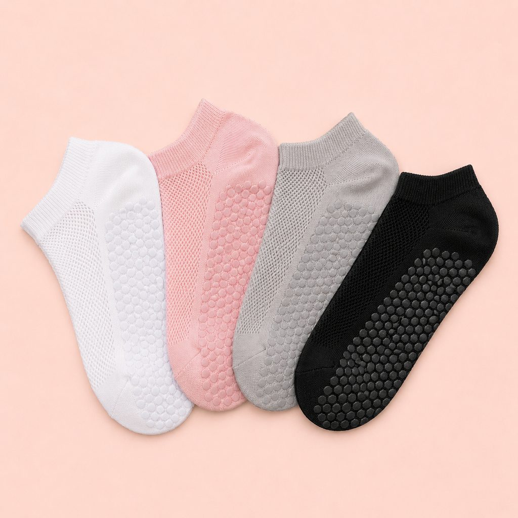Socquettes Pilates antidérapantes Lihyl — lot de 4 paires (blanc, rose, gris, noir)