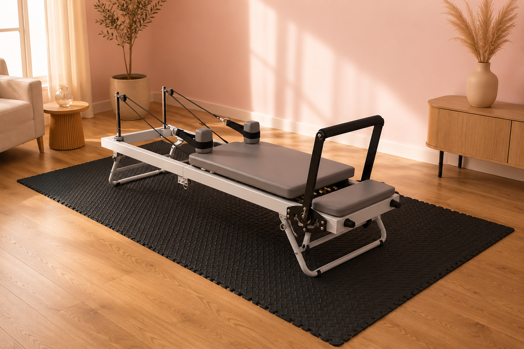 Reformer pilates Lihyl posé sur le tapis de sol modulaire noir dans un salon